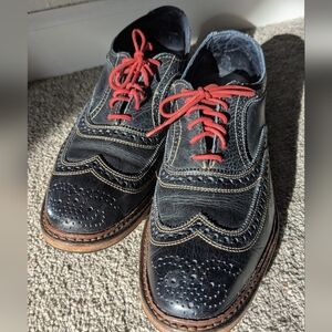 Allen Edmonds NEUMOK Navy Blue Leather Oxfords with Red Laces